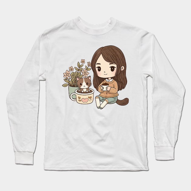 Chibi Cat Hot Chocolate Mom Long Sleeve T-Shirt by ShirtStories